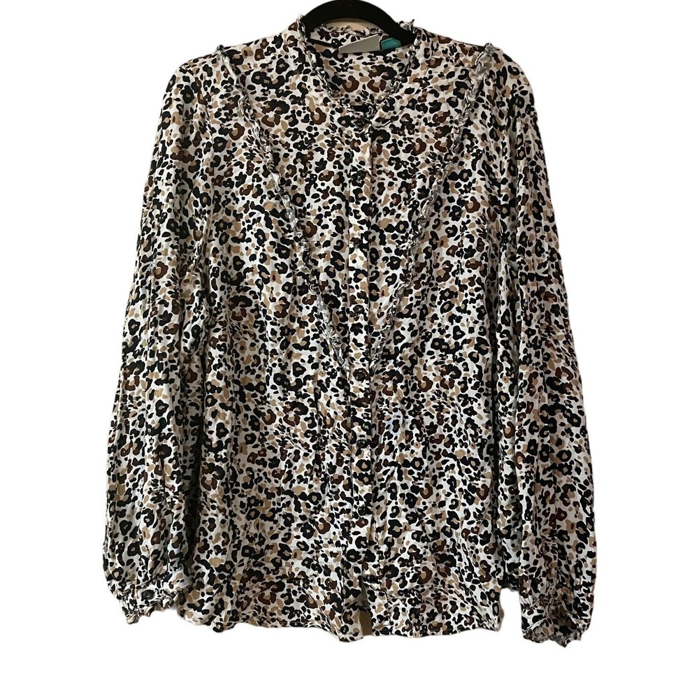 Anthropologie Leopard Print Button-Front Blouse in Cream, Brown, Black